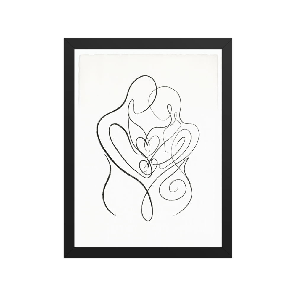 An abstract continuous line drawing of two figures embracing, with their sweeping arms forming heart shapes in the center.