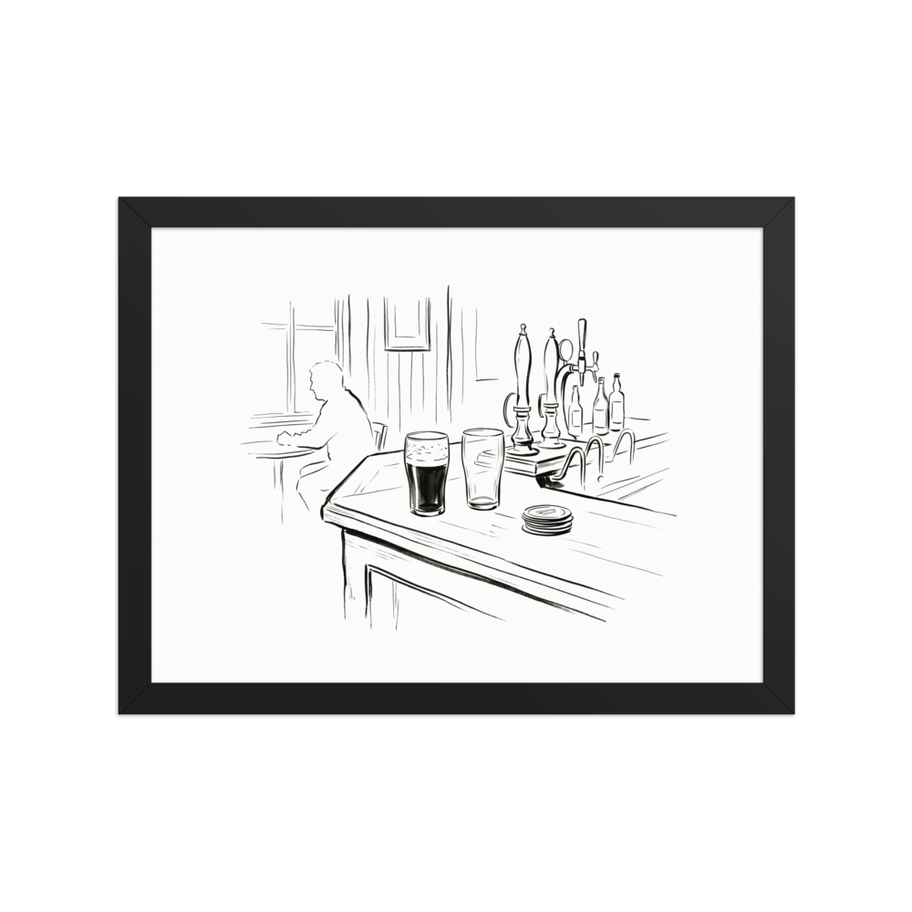 An ink sketch of a pub interior, showing two pint glasses and beer taps on the bar in the foreground, and a person sitting alone at a table by a window in the background.