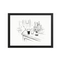 An ink sketch of a pub interior, showing two pint glasses and beer taps on the bar in the foreground, and a person sitting alone at a table by a window in the background.