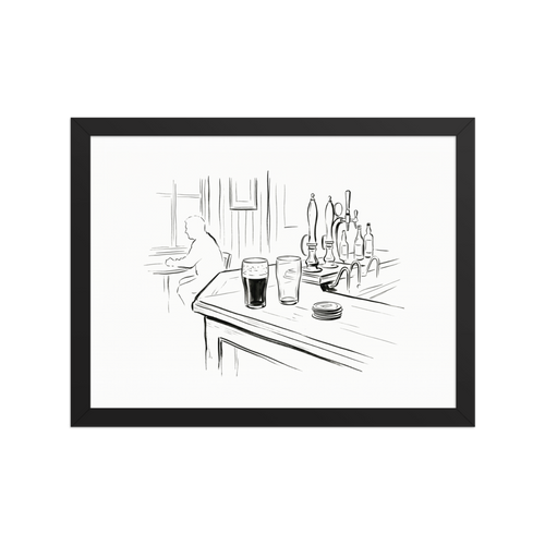 An ink sketch of a pub interior, showing two pint glasses and beer taps on the bar in the foreground, and a person sitting alone at a table by a window in the background.