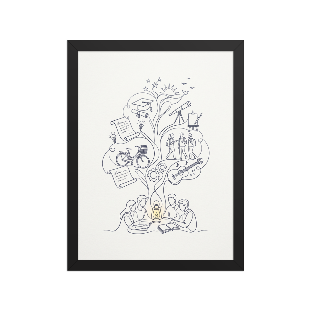 A line drawing showing a tree growing from a lantern where people are studying. The tree's branches contain symbols like a graduation cap, telescope, bicycle, gears, and a guitar.