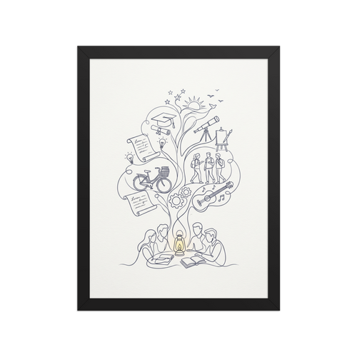A line drawing showing a tree growing from a lantern where people are studying. The tree's branches contain symbols like a graduation cap, telescope, bicycle, gears, and a guitar.