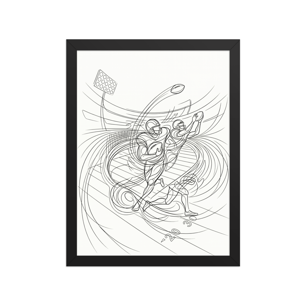 A dynamic line drawing of American football players running and catching, set against sweeping, curved background lines suggesting intense motion and a stadium.