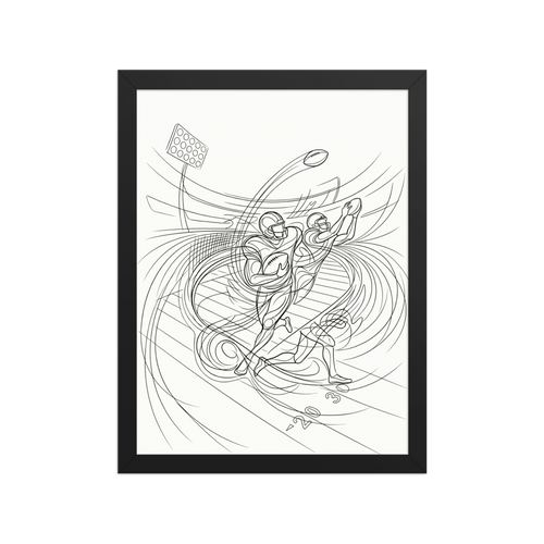 A dynamic line drawing of American football players running and catching, set against sweeping, curved background lines suggesting intense motion and a stadium.