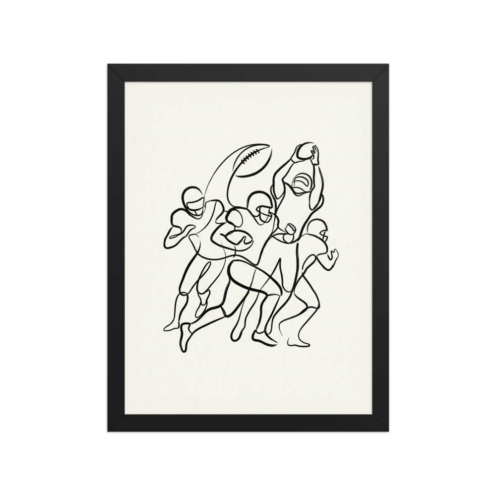 A continuous line drawing using thick brush strokes to depict four American football players in action: running, throwing, and catching.