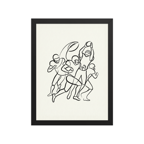 A continuous line drawing using thick brush strokes to depict four American football players in action: running, throwing, and catching.