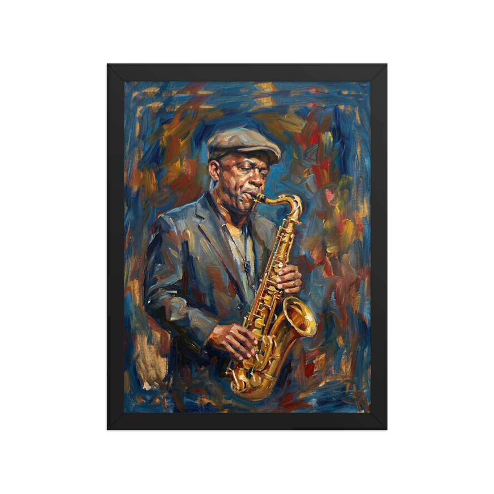 Expressive oil painting of a Black man playing a golden saxophone.