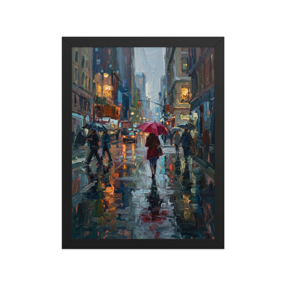 Oil painting of a rainy city street with a person holding a red umbrella.