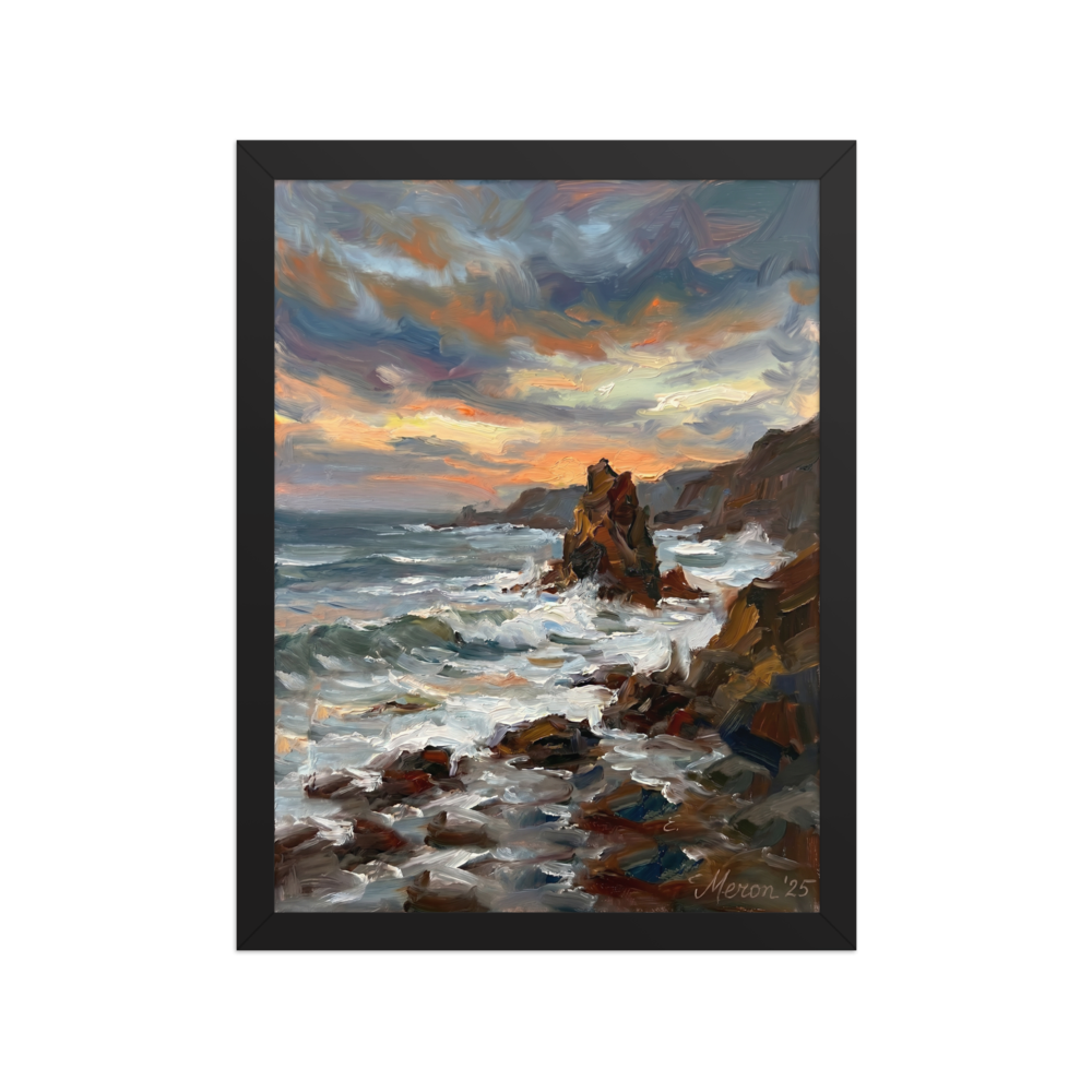 Impasto oil painting of ocean waves crashing against rocks at sunset.