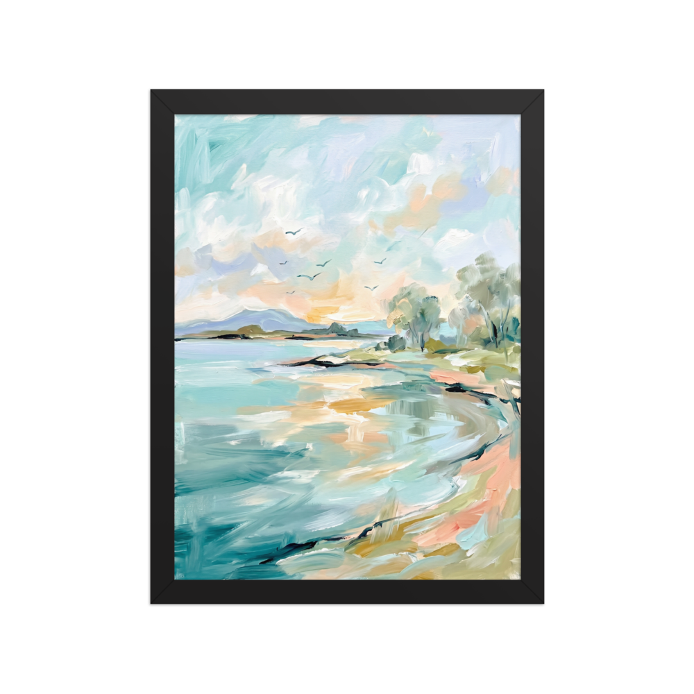 Serene Alla Prima oil painting of a coastal landscape in soft pastel colors.