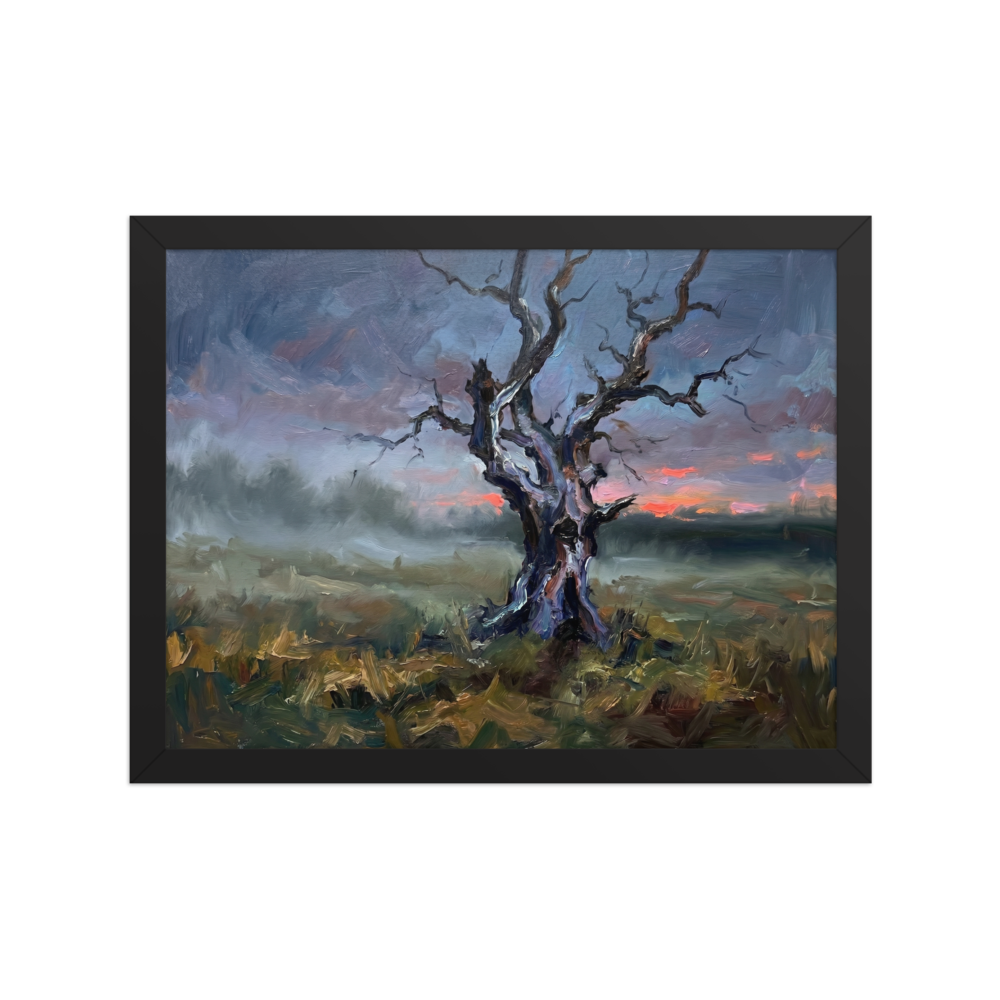 Impasto oil painting of a gnarled, leafless tree in a field against a twilight sky.