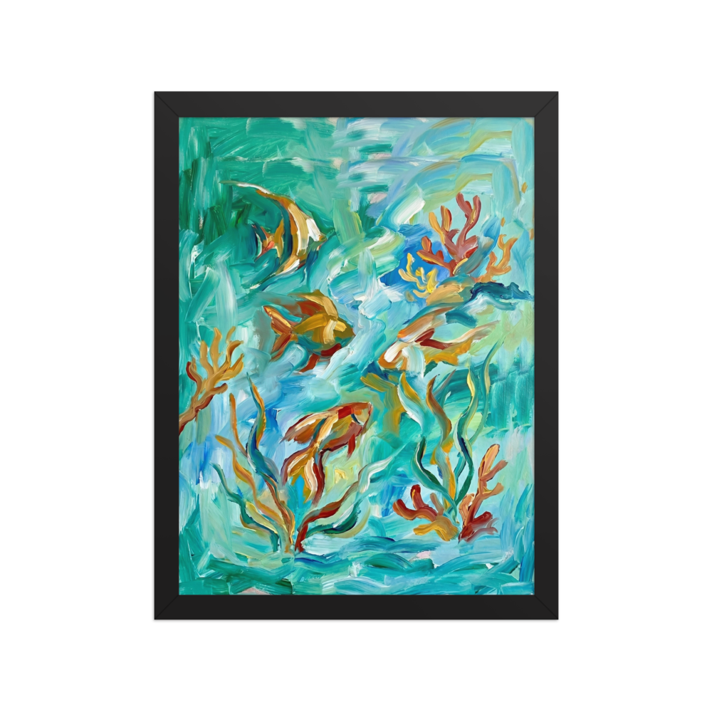 An expressive Alla Prima painting featuring golden fish swimming among coral and seaweed in swirling turquoise water.