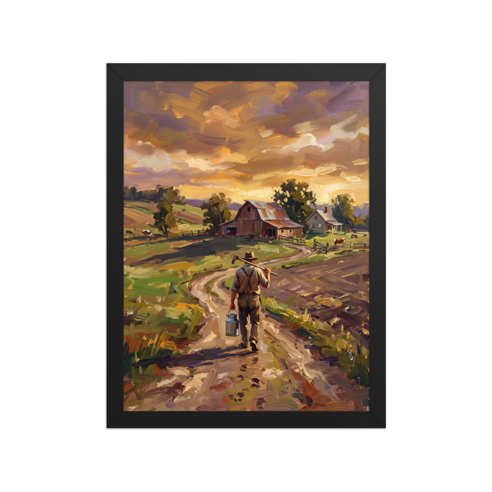 An earthy Alla Prima painting of a farmer walking toward a rustic barn at sunset, carrying a pitchfork and a milk jug.
