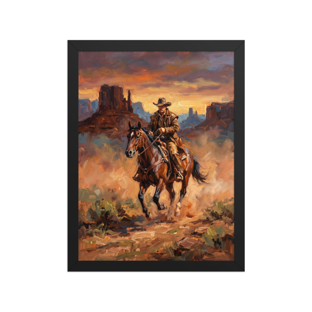 A dramatic Alla Prima painting of a cowboy riding a brown horse through a dusty desert landscape under a vibrant sunset.