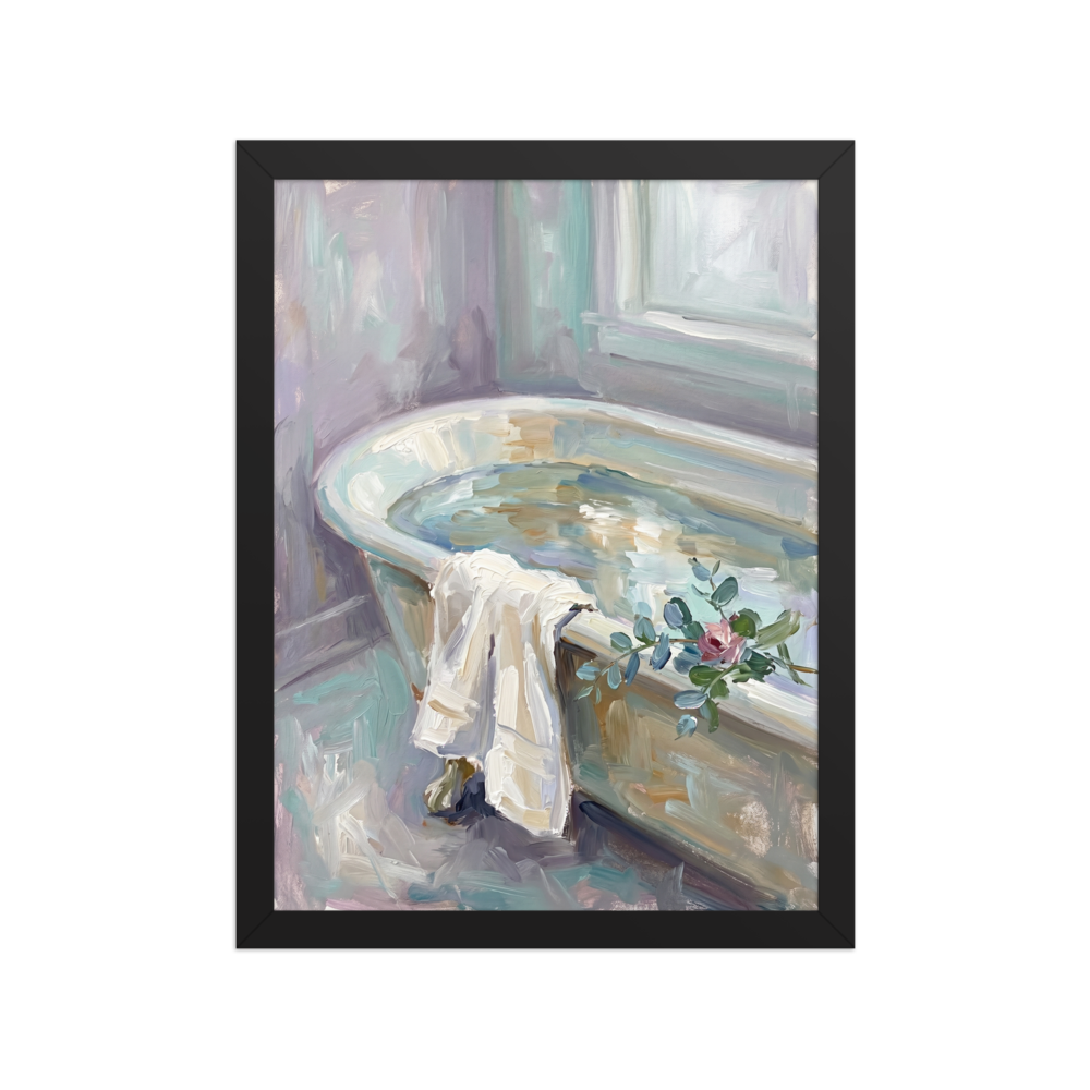 An impressionistic painting of a vintage bathtub filled with water, featuring a white towel and a pink rose resting on the edge in soft pastel tones.