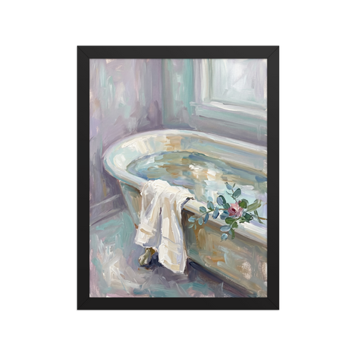 An impressionistic painting of a vintage bathtub filled with water, featuring a white towel and a pink rose resting on the edge in soft pastel tones.