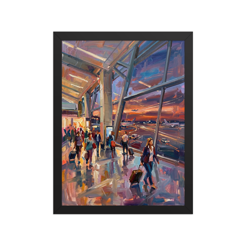 A vibrant Alla Prima painting of people walking through an airport terminal at sunset, with a colorful sky visible through large windows.