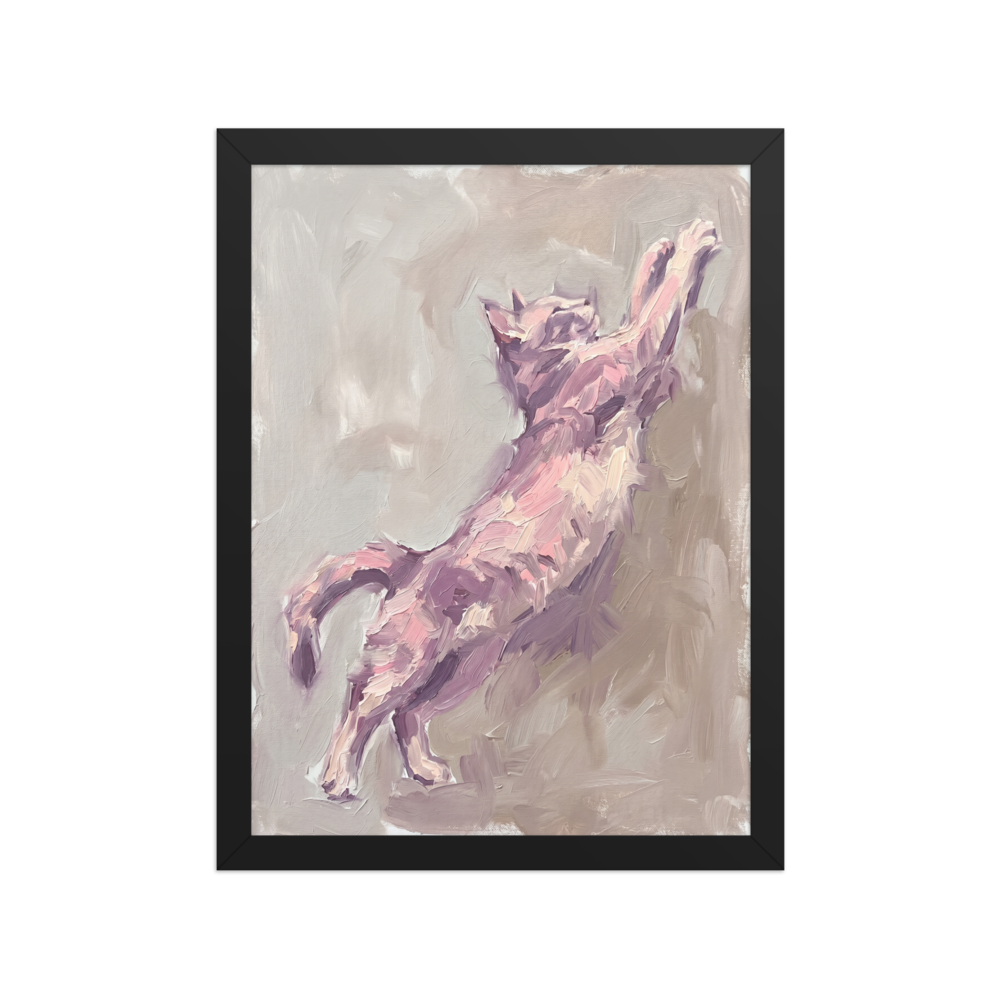 An expressive Alla Prima painting of a cat leaping upwards, rendered in thick brushstrokes of dusty pink and soft purple.