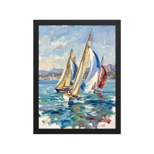 A vibrant Alla Prima painting of sailboats racing on choppy blue water, with a coastal town and mountains in the distance.