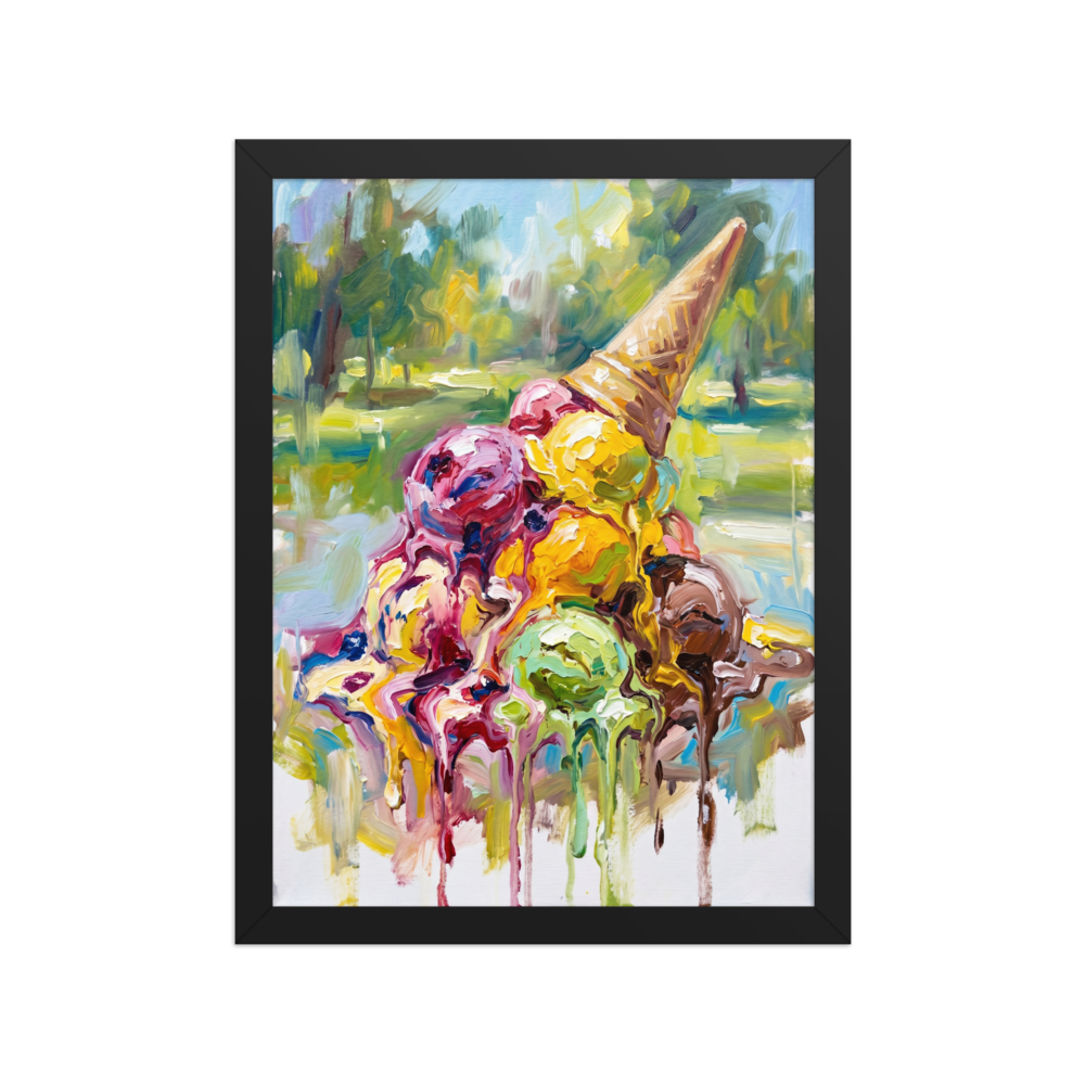A vibrant Alla Prima painting of a melted ice cream cone with pink, yellow, green, and brown scoops dropped on bright green grass.
