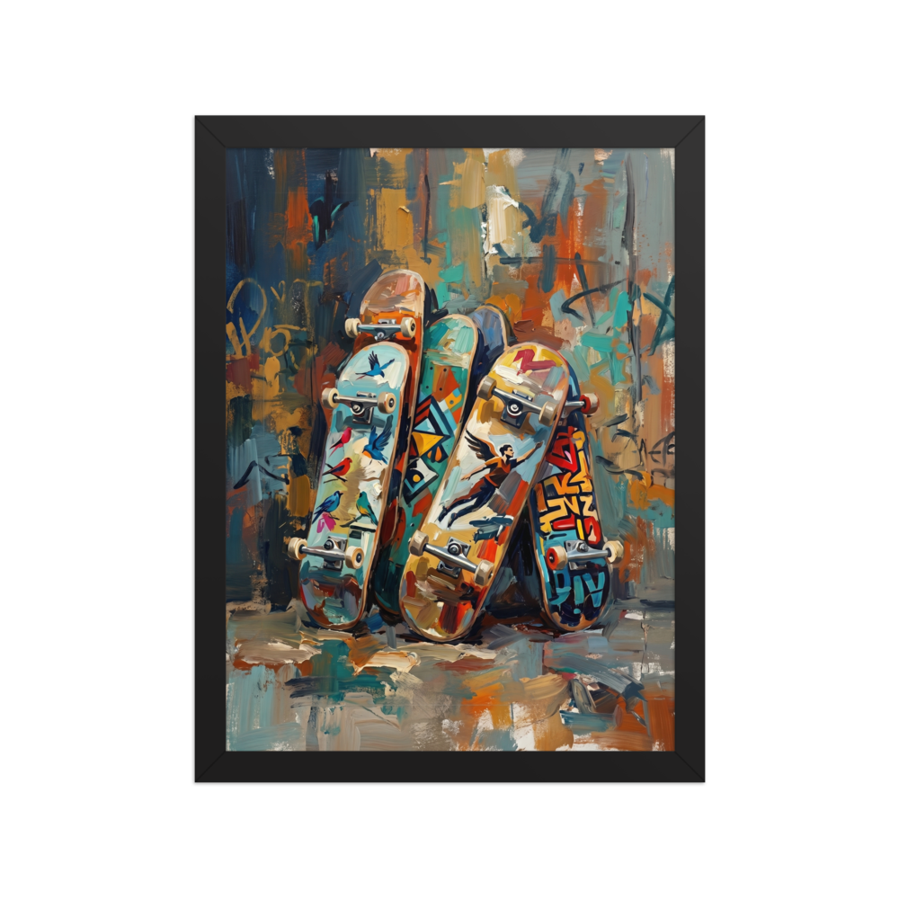 An energetic Alla Prima painting of colorful skateboards stacked against a graffiti-covered wall.