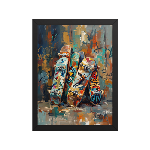 An energetic Alla Prima painting of colorful skateboards stacked against a graffiti-covered wall.