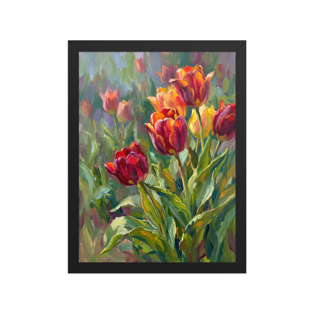 A radiant Alla Prima painting of vibrant red, orange, and yellow tulips blooming among lively green leaves.