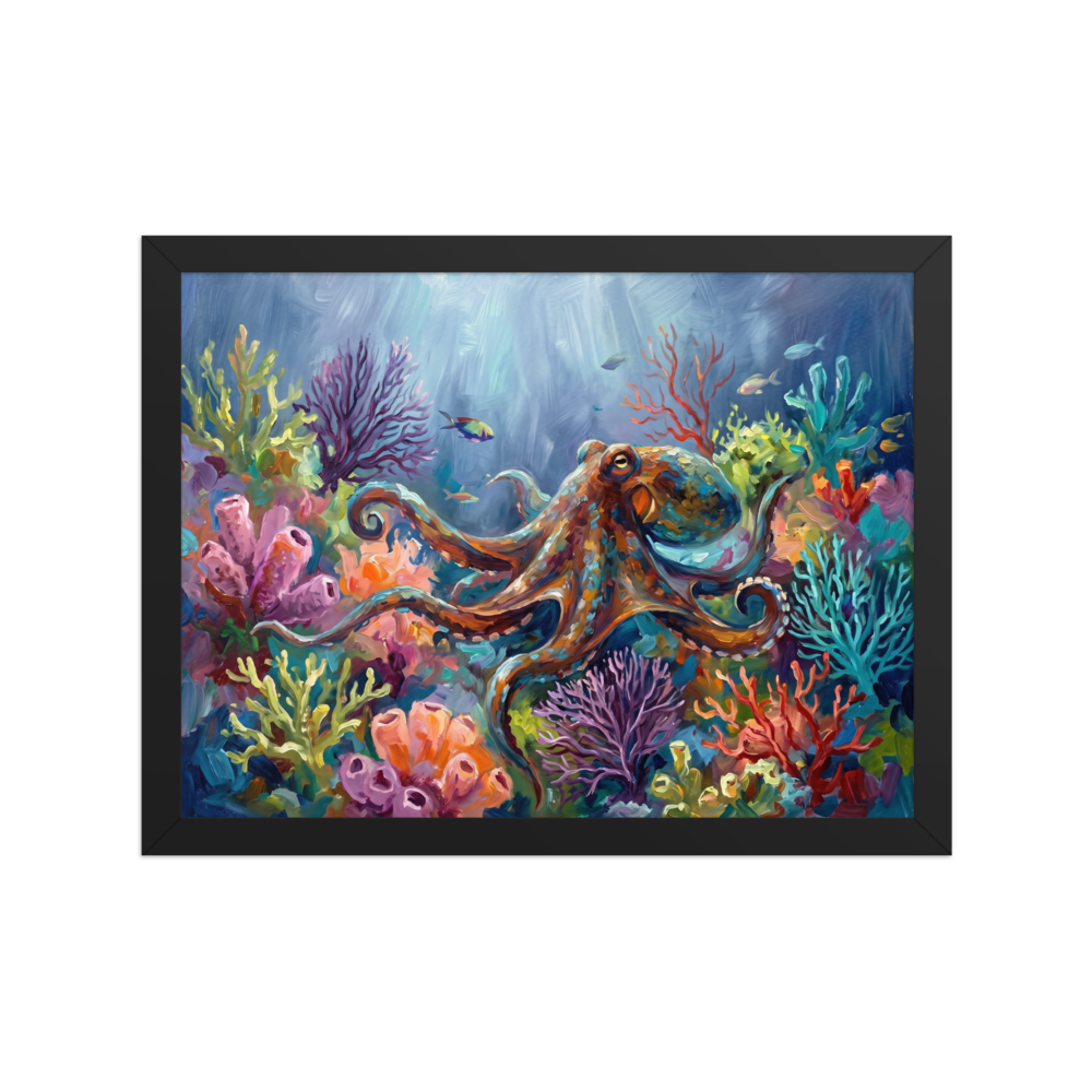 A colorful Alla Prima oil painting of an octopus swimming over a vibrant coral reef in the deep blue ocean.