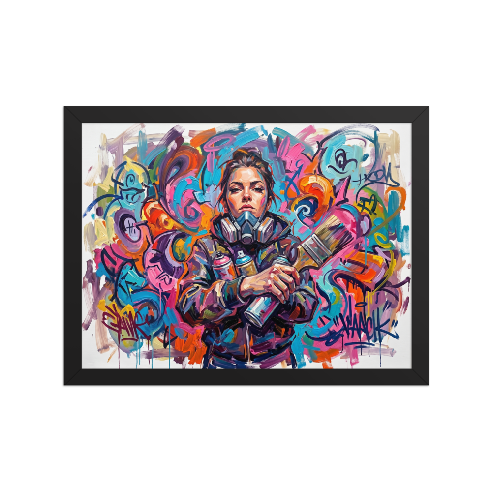 A vibrant Alla Prima painting of a female street artist with a respirator mask, holding spray cans and a brush against a colorful graffiti background.