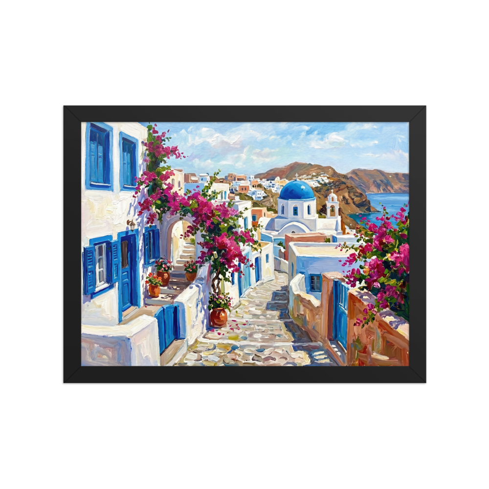 An Alla Prima painting of Santorini, Greece, featuring white buildings, a blue-domed church, and vibrant pink bougainvillea flowers.