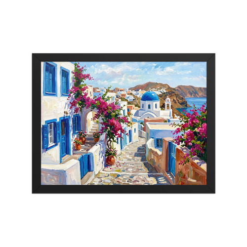 An Alla Prima painting of Santorini, Greece, featuring white buildings, a blue-domed church, and vibrant pink bougainvillea flowers.