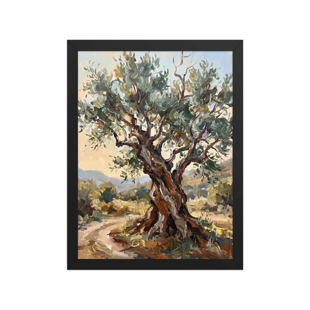 An Alla Prima oil painting of an old, twisted olive tree in a sunlit landscape with mountains in the background.