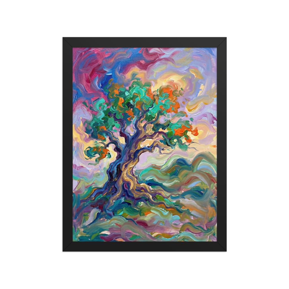 An Alla Prima oil painting of a twisted tree with teal and orange leaves set against a swirling, colorful sky.