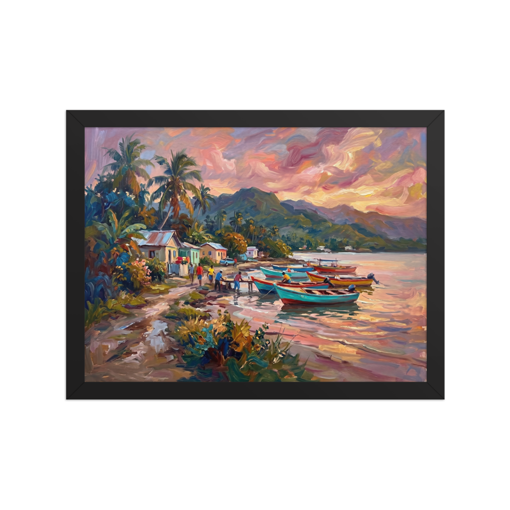 An expressive Alla Prima painting of a tropical beach at sunset, featuring colorful fishing boats, palm trees, and people on the shore.