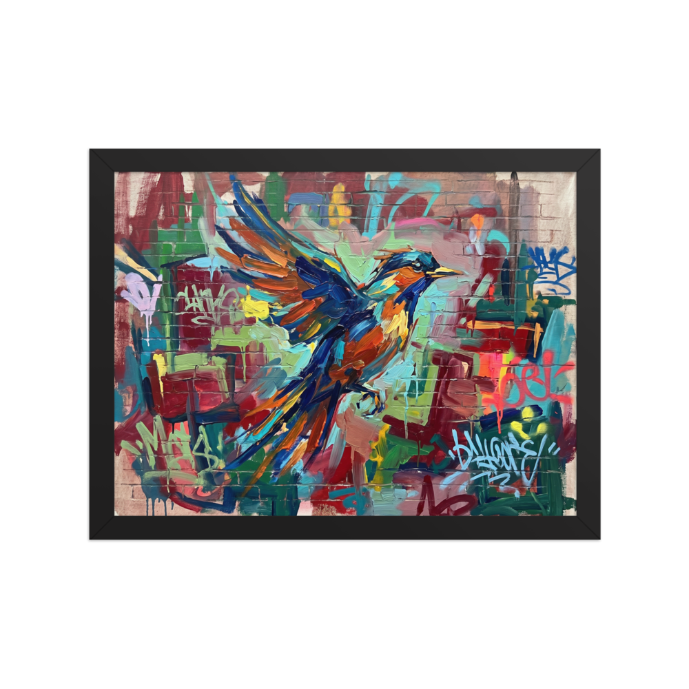 An expressive Alla Prima painting of a bird flying past a brick wall covered in vibrant graffiti.
