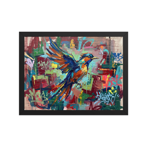 An expressive Alla Prima painting of a bird flying past a brick wall covered in vibrant graffiti.