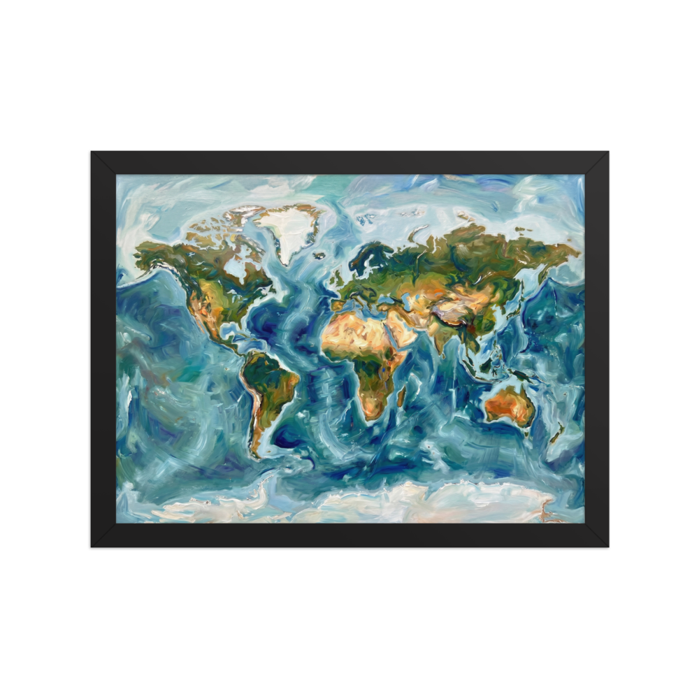 An expressive Alla Prima oil painting of the world map, featuring swirling blues for the oceans and rich greens and browns for the continents.