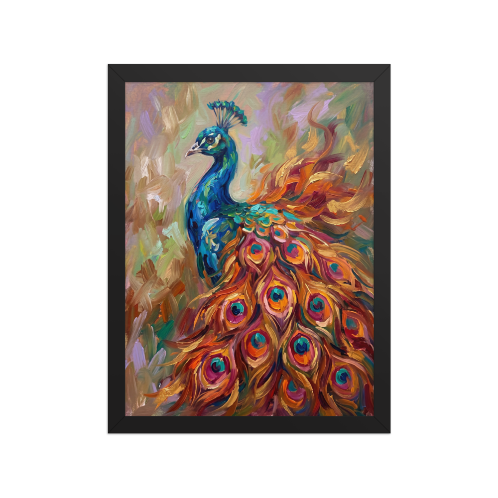 An expressive Alla Prima oil painting of a vibrant peacock with lush, colorful feathers.