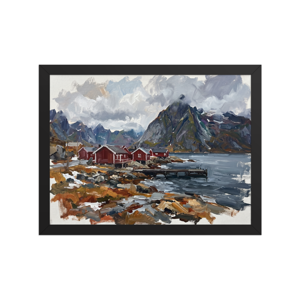 An Alla Prima painting of a Nordic coastal village with iconic red cabins, rocky shores, and imposing mountains under a dramatic sky.