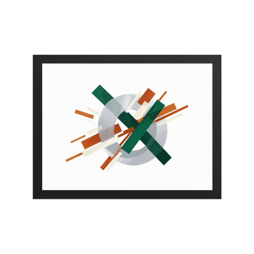 'Intersecting Perspectives' — a Suprematism print. An abstract painting of intersecting green and brown rectangular bars laid over a translucent gray circle, ideal for a modern Office.