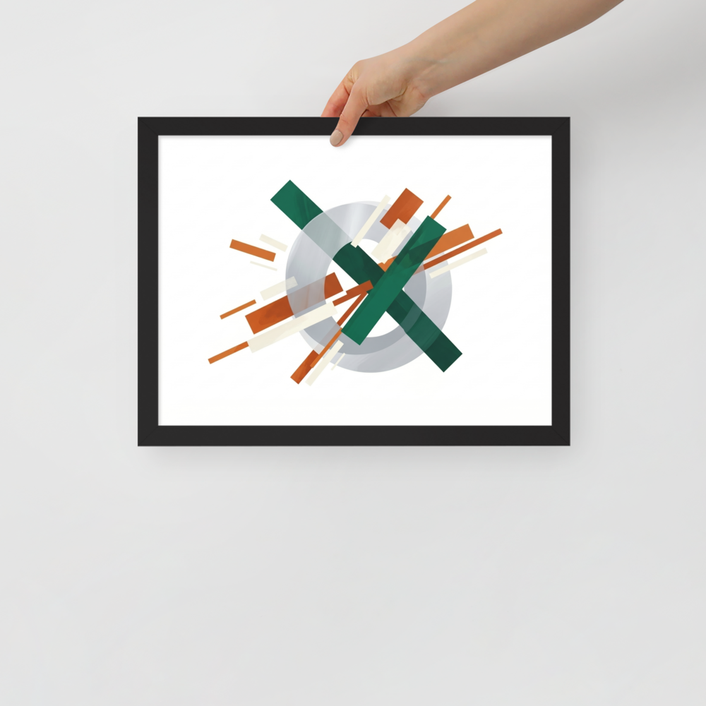 'Intersecting Perspectives' — a Suprematism print. An abstract painting of intersecting green and brown rectangular bars laid over a translucent gray circle, ideal for a modern Office.