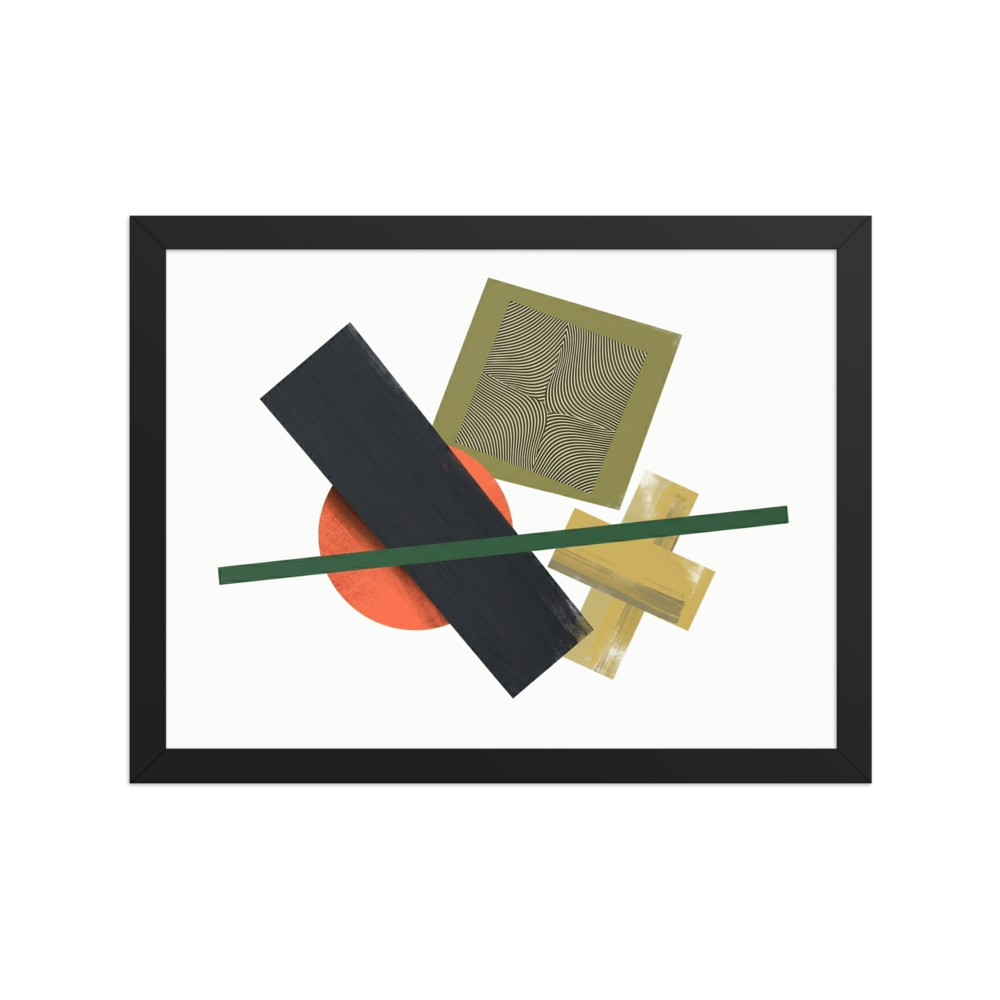 'The Geometry of Sound' — a Suprematism print. An abstract painting featuring a black rectangle, an orange circle, a green diagonal line, and a square with wavy lines, a unique focal point for a Studio.