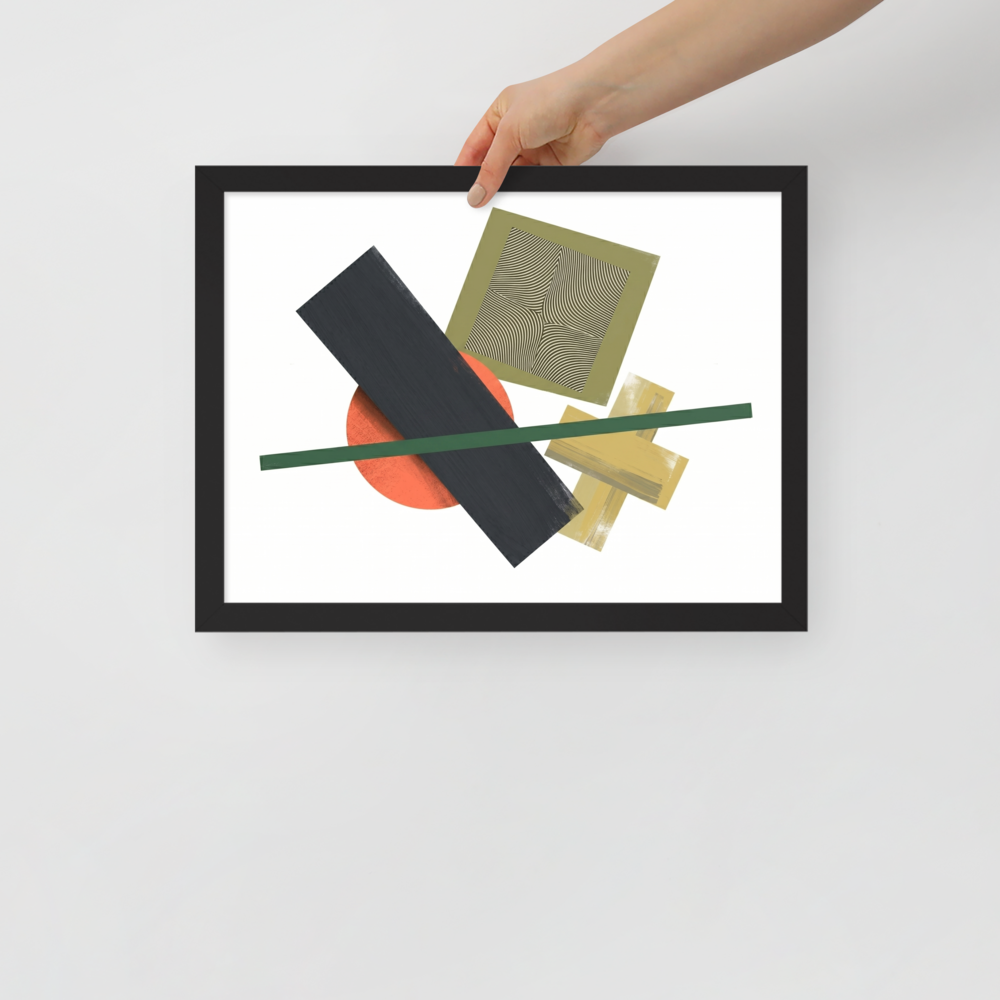 'The Geometry of Sound' — a Suprematism print. An abstract painting featuring a black rectangle, an orange circle, a green diagonal line, and a square with wavy lines, a unique focal point for a Studio.