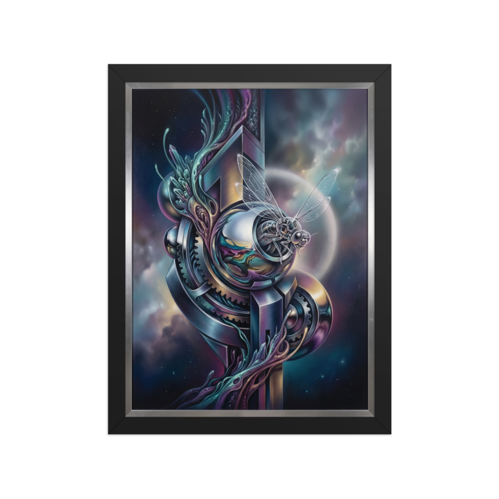 'The Clockwork Aviator' — a Surrealism print. A detailed mechanical insect with translucent wings perched on complex metallic gears floating in a colorful starry sky, an ideal piece for an Office.