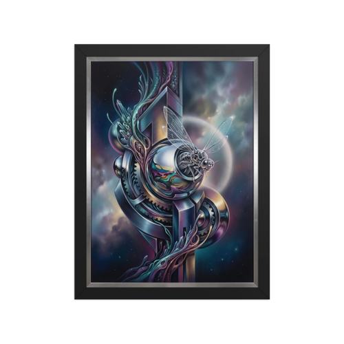 'The Clockwork Aviator' — a Surrealism print. A detailed mechanical insect with translucent wings perched on complex metallic gears floating in a colorful starry sky, an ideal piece for an Office.