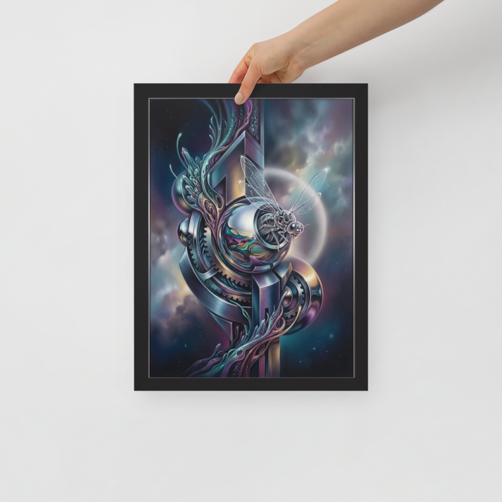 'The Clockwork Aviator' — a Surrealism print. A detailed mechanical insect with translucent wings perched on complex metallic gears floating in a colorful starry sky, an ideal piece for an Office.