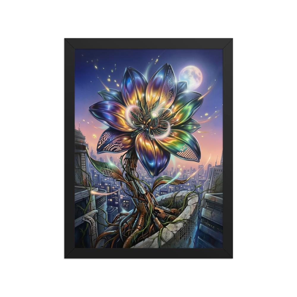 'Cybernetic Bloom' — a Digital art print. A large, glowing cybernetic flower with metallic petals and circuitry blooming out of concrete ruins in a futuristic city, perfect for a Game Room.