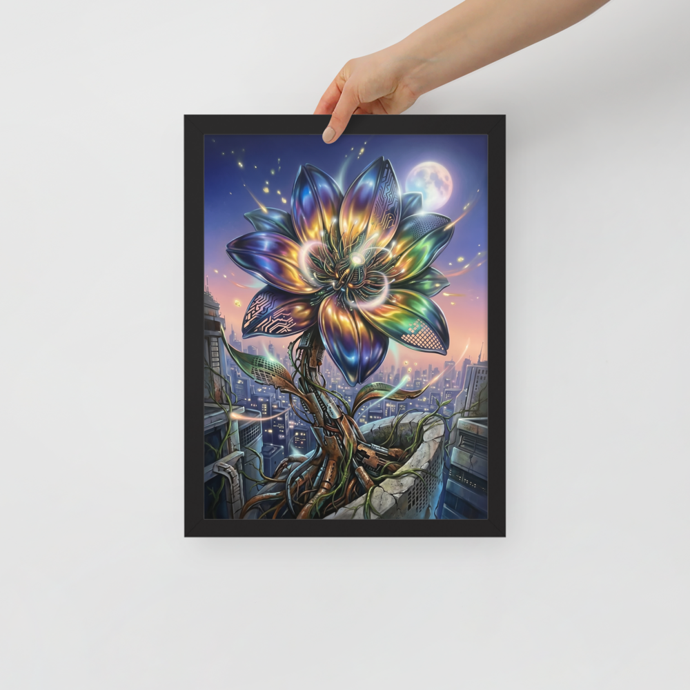 'Cybernetic Bloom' — a Digital art print. A large, glowing cybernetic flower with metallic petals and circuitry blooming out of concrete ruins in a futuristic city, perfect for a Game Room.