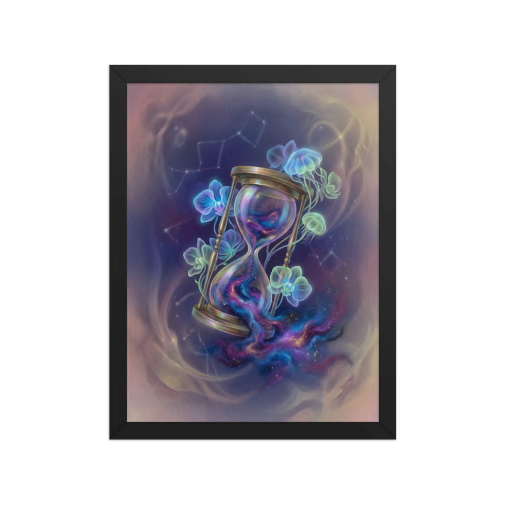 'Sands of the Nebula' — a Magic realism print. A magical brass hourglass filled with a swirling galaxy, surrounded by glowing orchids and jellyfish in a starry sky, ideal for a Bedroom.