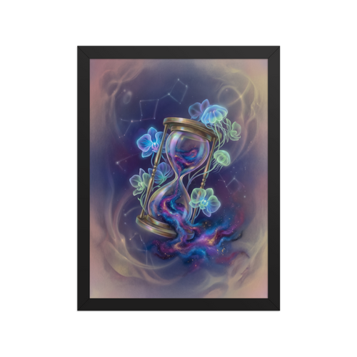 'Sands of the Nebula' — a Magic realism print. A magical brass hourglass filled with a swirling galaxy, surrounded by glowing orchids and jellyfish in a starry sky, ideal for a Bedroom.